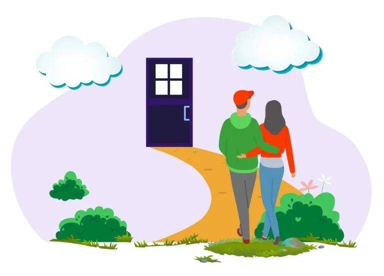 Couple walking towards their new home